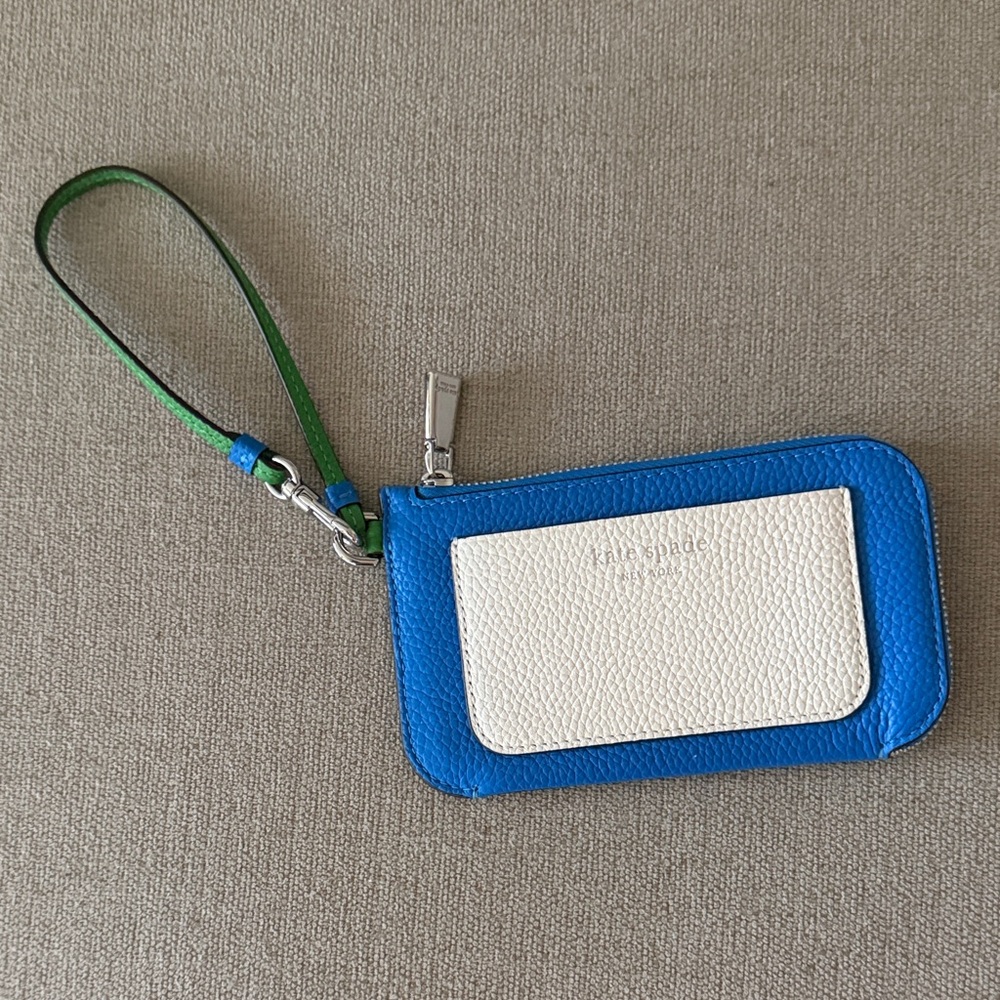 Kate Spade Blue and White Wristlet with Green Strap
